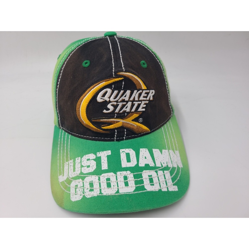 Quaker State Just D*mn Good Oil Distressed Snapback Hat Cap Car Men‎ Black Green